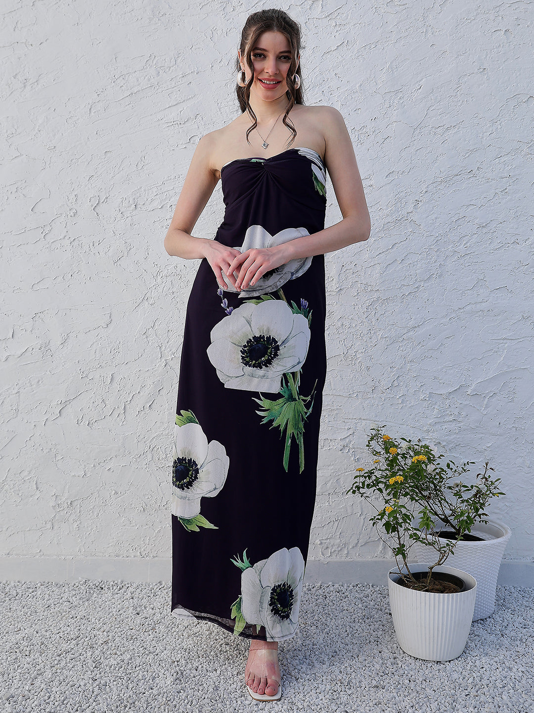 Athena Black Floral Printed Strapless Maxi Dress