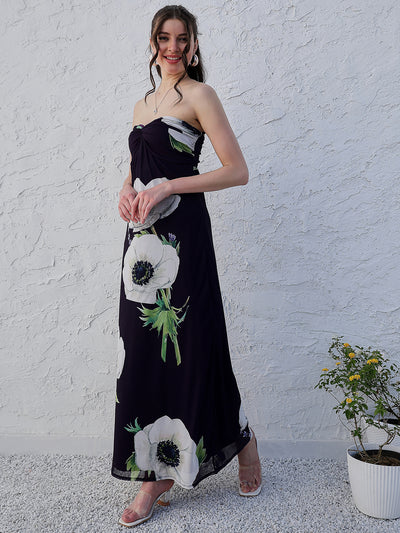 Athena Black Floral Printed Strapless Maxi Dress