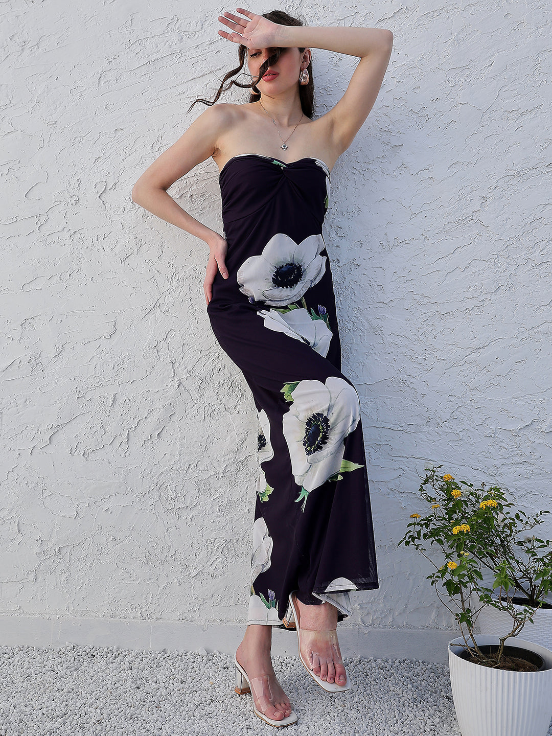 Athena Black Floral Printed Strapless Maxi Dress