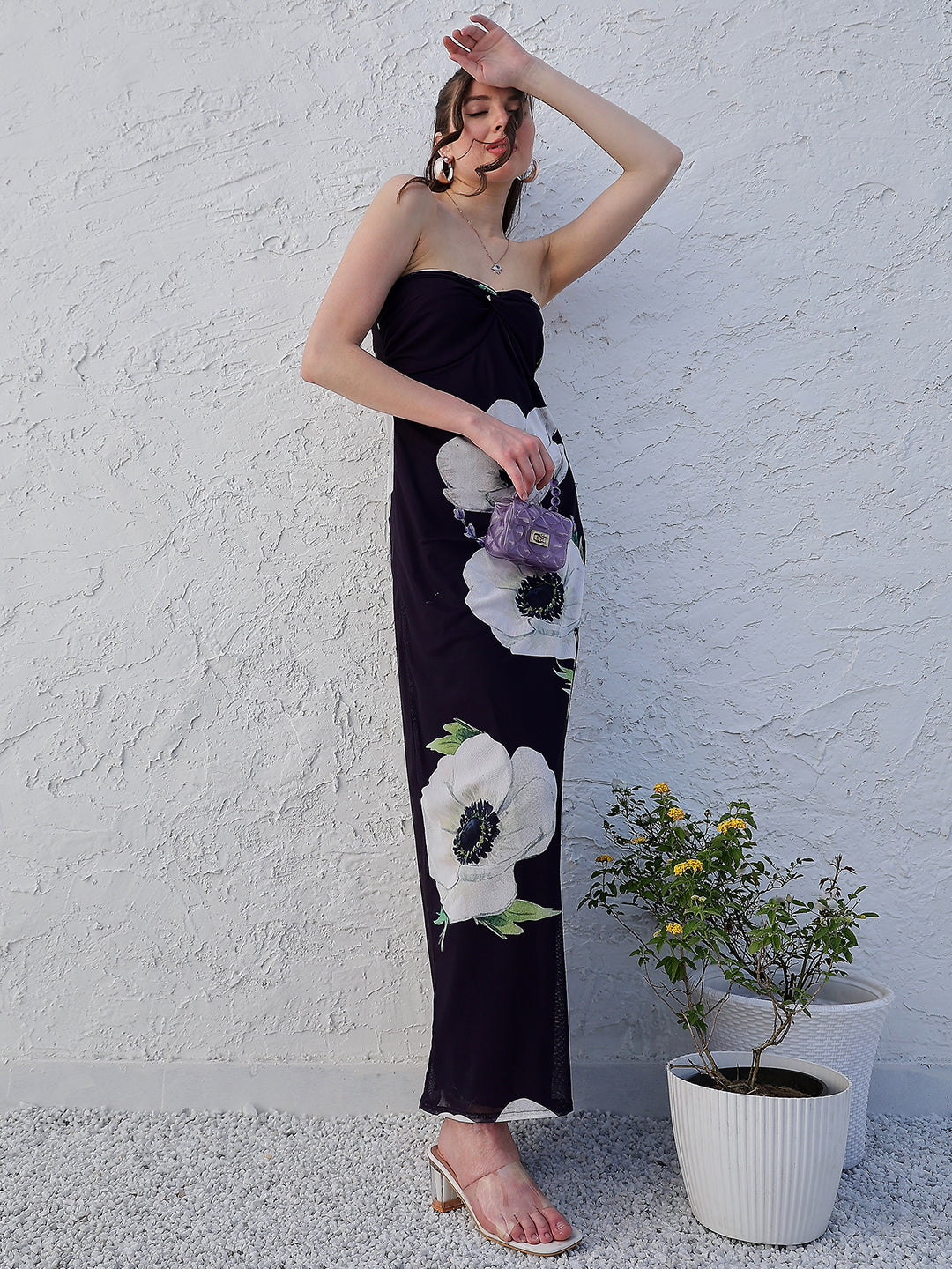 Athena Black Floral Printed Strapless Maxi Dress