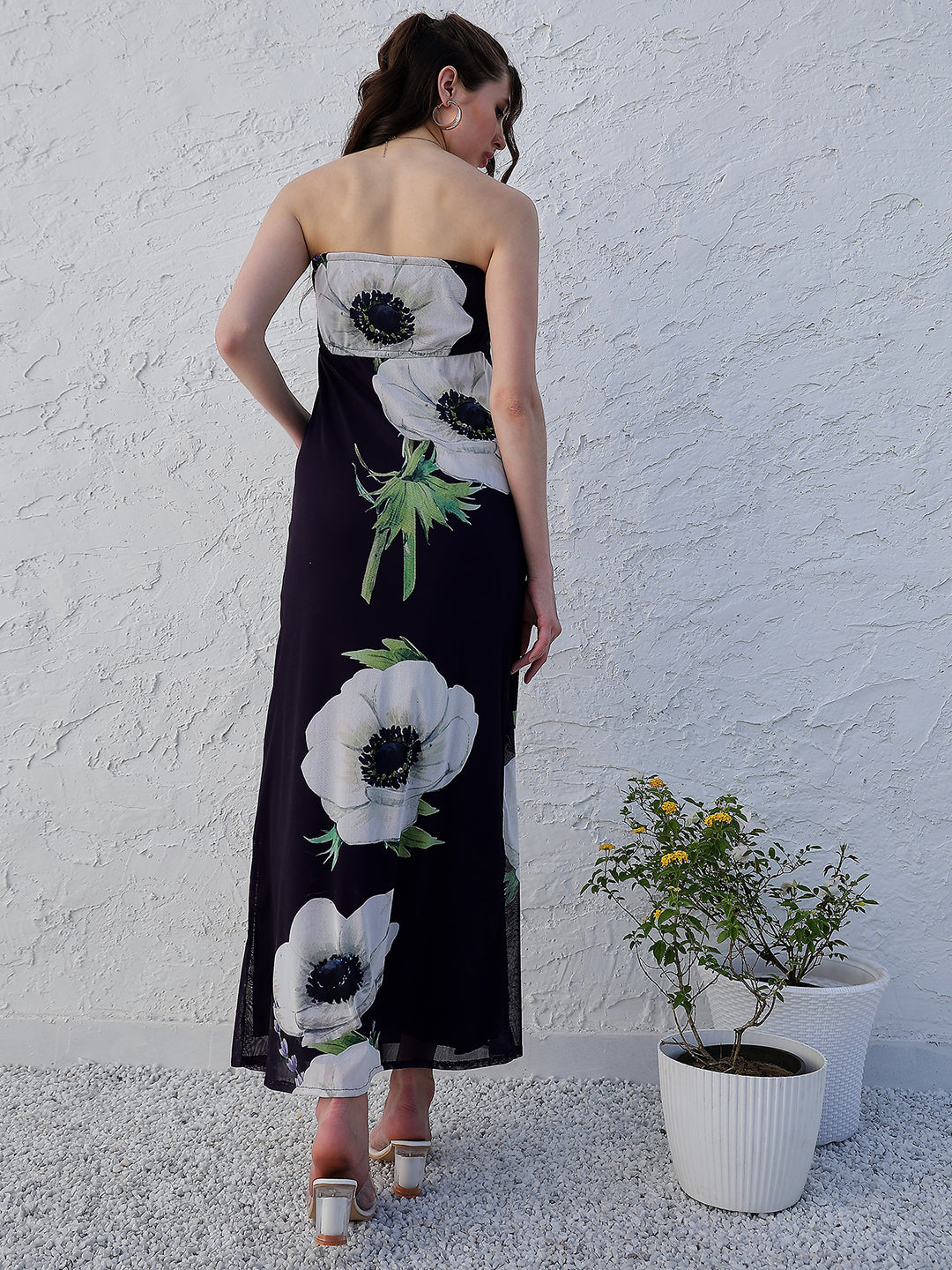 Athena Black Floral Printed Strapless Maxi Dress