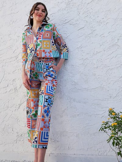 Boho By Athena Geometrical Printed Linen Shirt With Trousers Co-Ords