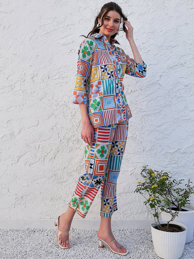 Boho By Athena Geometrical Printed Linen Shirt With Trousers Co-Ords