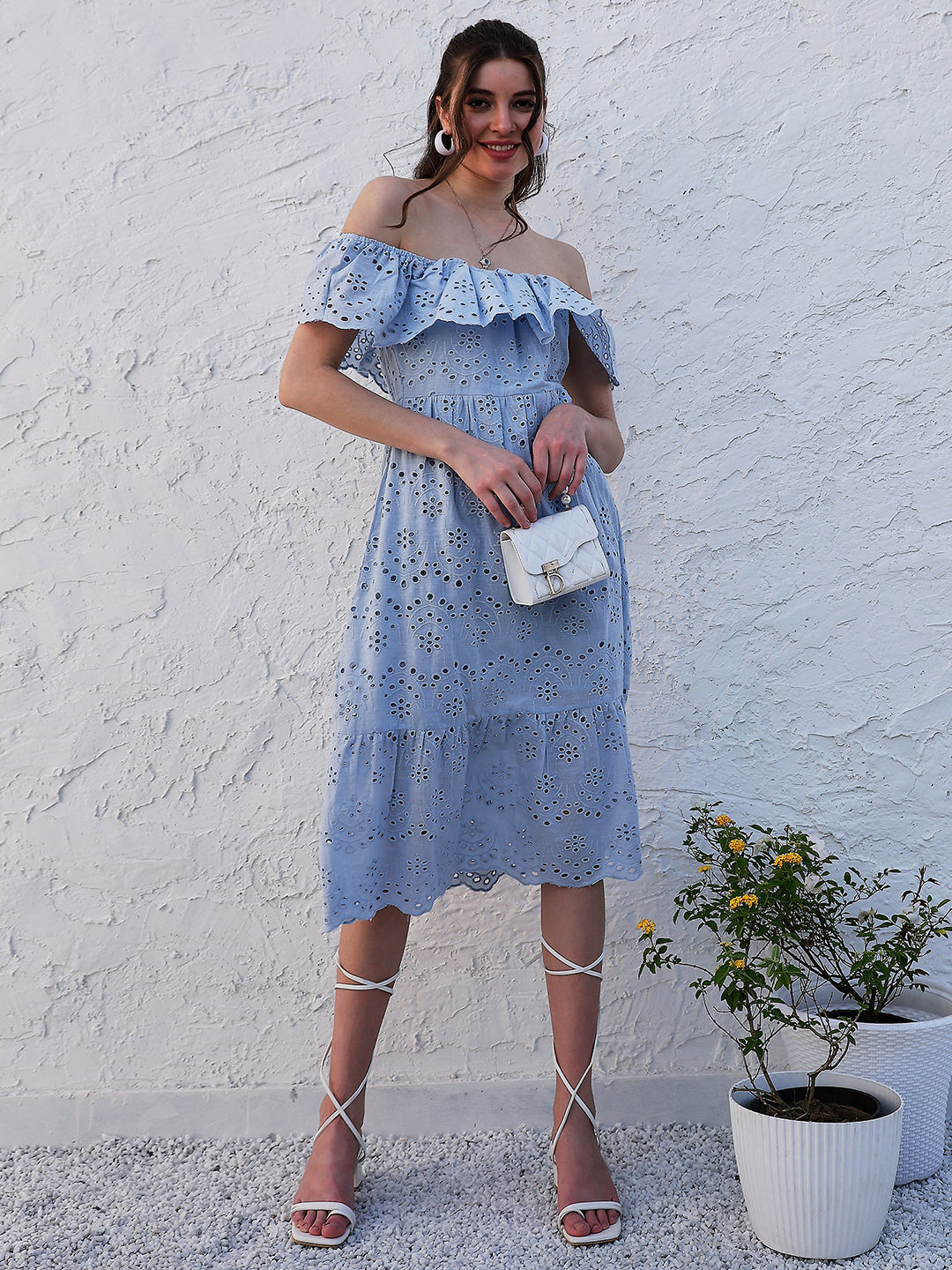 Athena Blue Off-Shoulder Flutter Sleeves Cotton Fit and Flare Dress