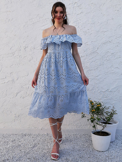 Athena Blue Off-Shoulder Flutter Sleeves Cotton Fit and Flare Dress