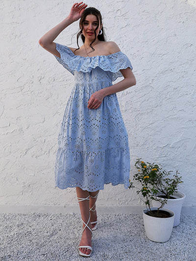 Athena Blue Off-Shoulder Flutter Sleeves Cotton Fit and Flare Dress