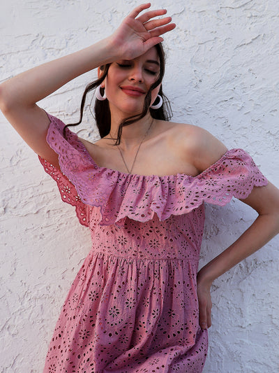 Athena Pink Self Design Off-Shoulder Flutter Sleeves Schiffli Cotton Fit and Flare Dress
