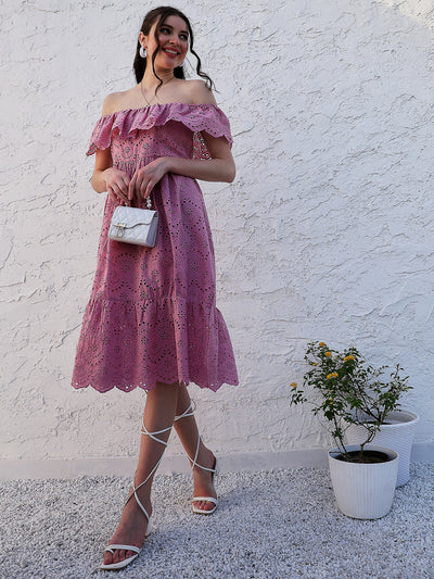 Athena Pink Self Design Off-Shoulder Flutter Sleeves Schiffli Cotton Fit and Flare Dress