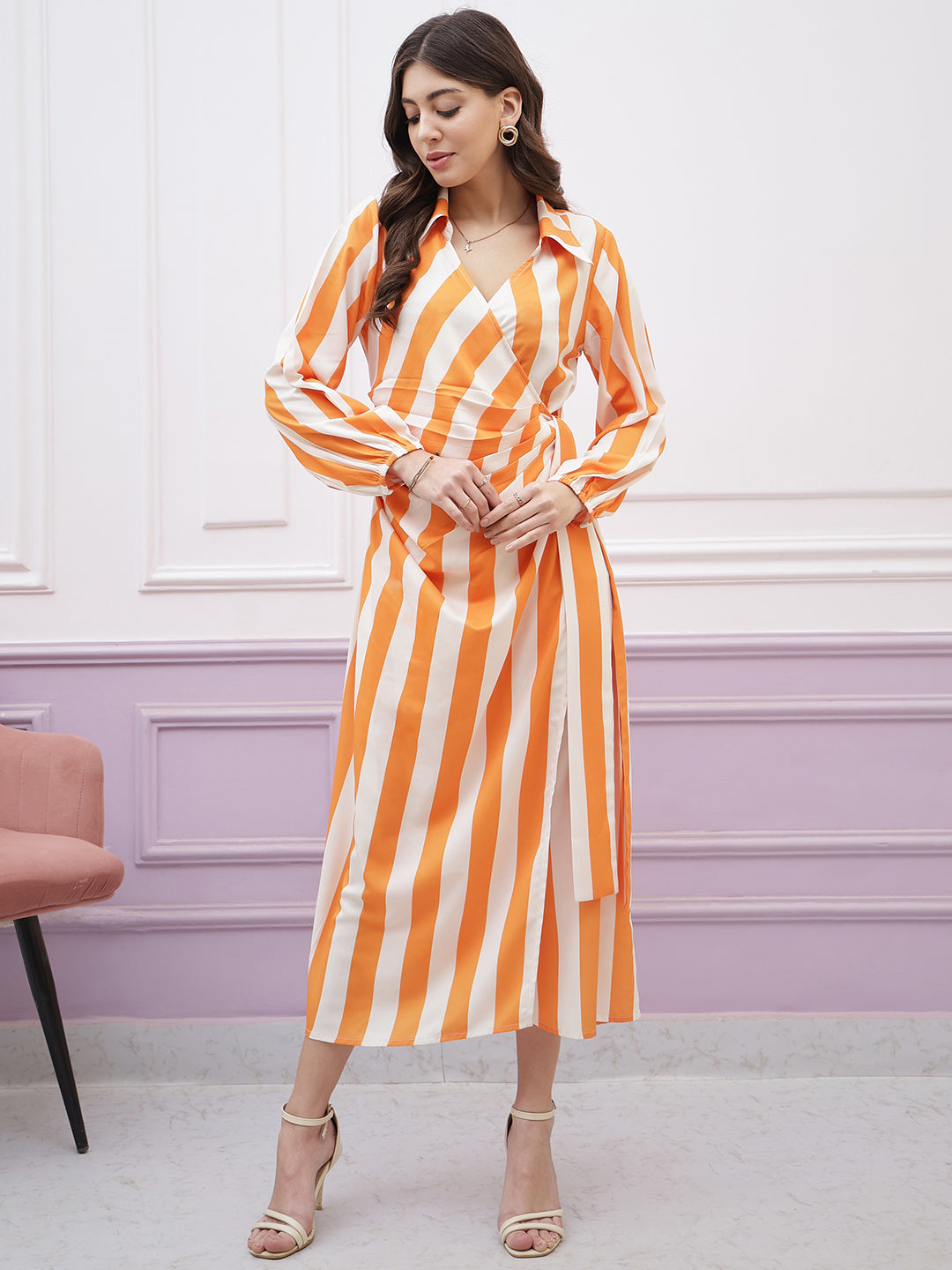 Athena Immutable Striped Shirt Collar Long Sleeves Tie-Ups Wrap Midi Dress