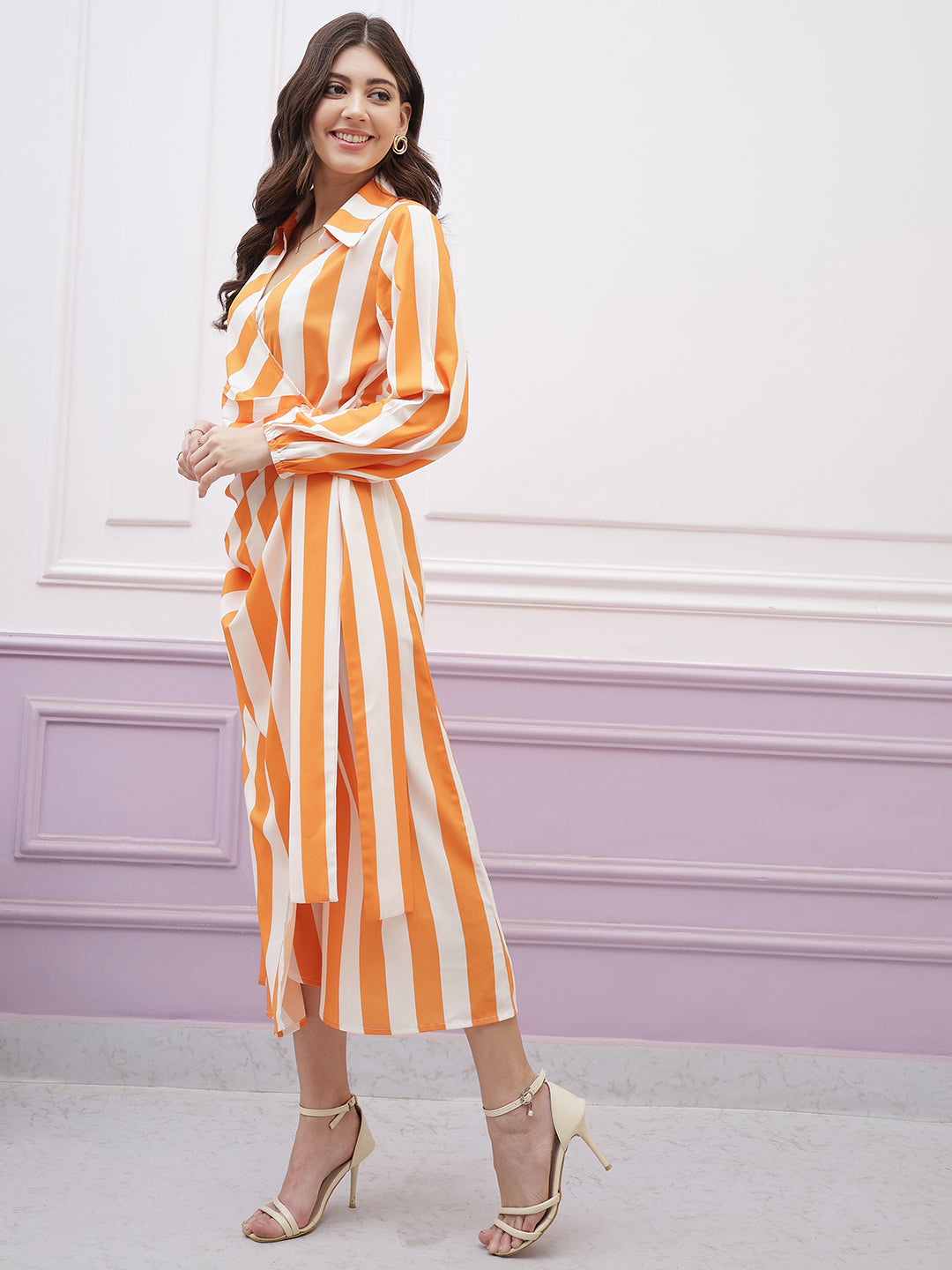 Athena Immutable Striped Shirt Collar Long Sleeves Tie-Ups Wrap Midi Dress