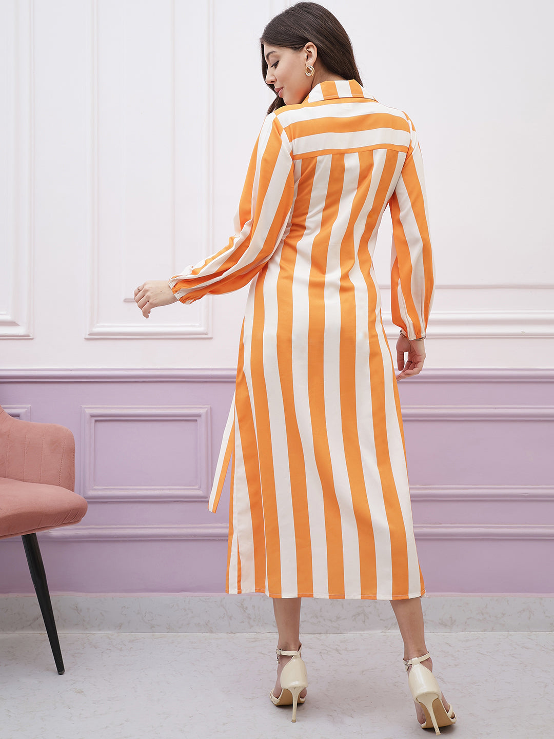 Athena Immutable Striped Shirt Collar Long Sleeves Tie-Ups Wrap Midi Dress