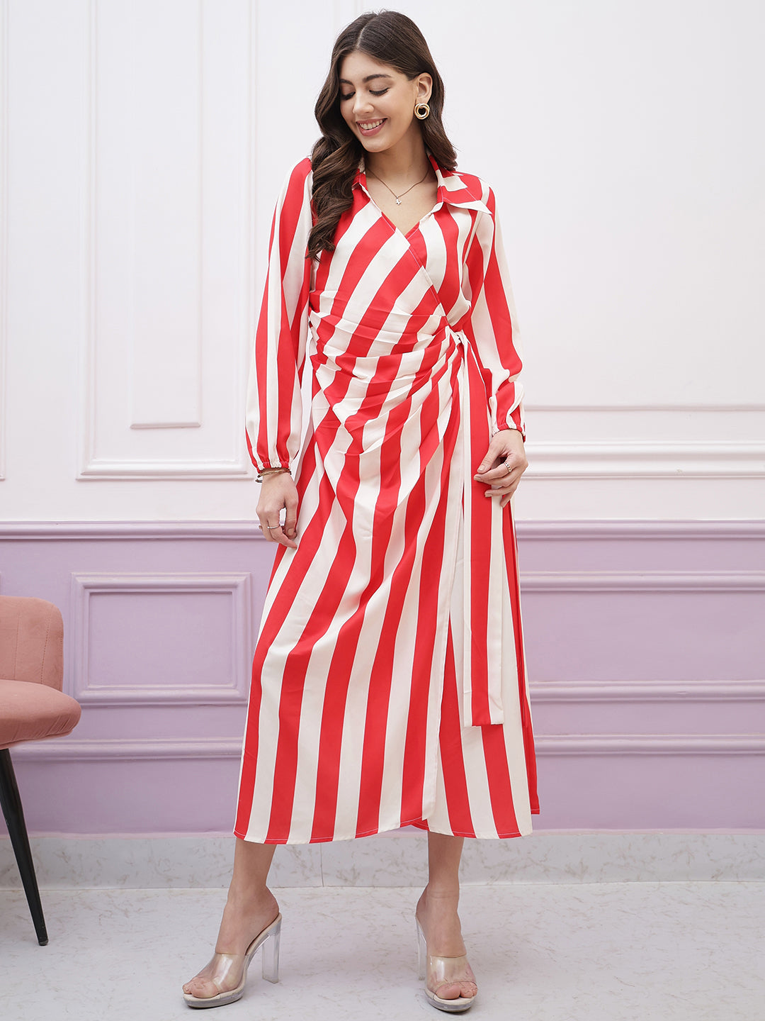 Athena Immutable Striped Shirt Collar Long Sleeves Tie-Ups Wrap Midi Dress