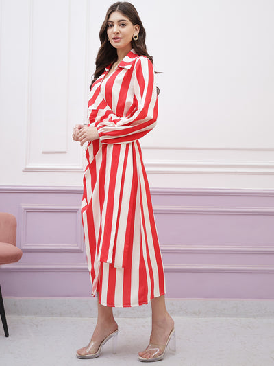 Athena Immutable Striped Shirt Collar Long Sleeves Tie-Ups Wrap Midi Dress