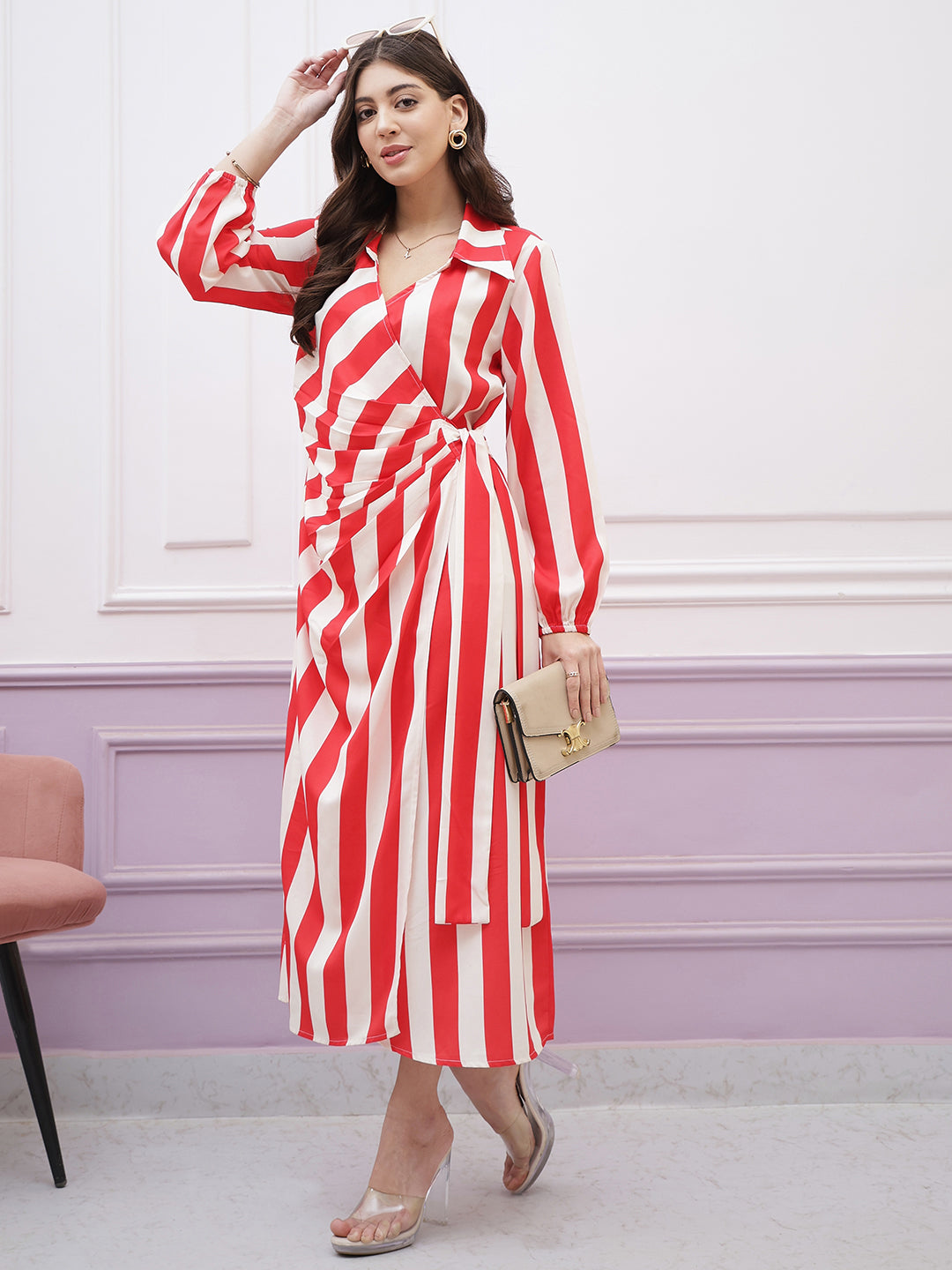 Athena Immutable Striped Shirt Collar Long Sleeves Tie-Ups Wrap Midi Dress