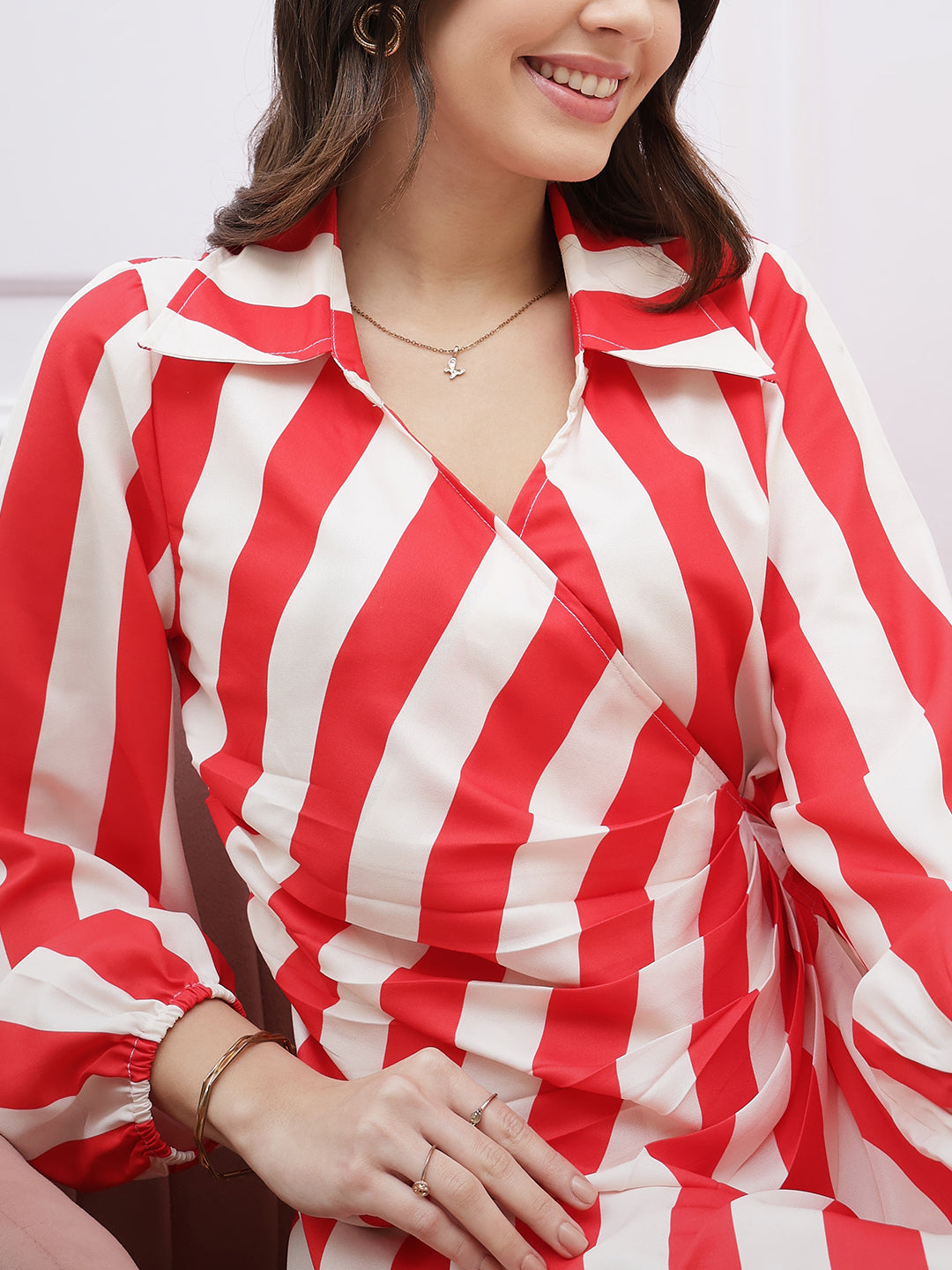 Athena Immutable Striped Shirt Collar Long Sleeves Tie-Ups Wrap Midi Dress