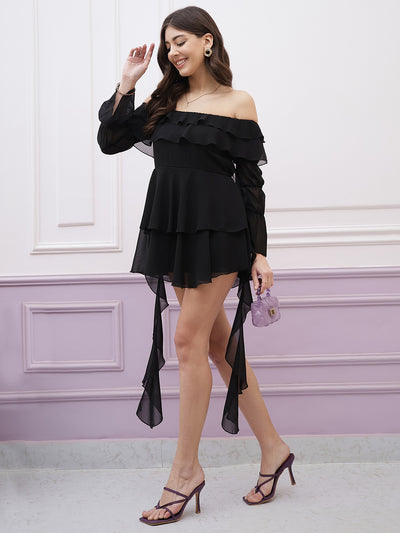 Athena Black Off-Shoulder Puff Sleeves Ruffles Detailed Fit & Flare Mini Dress
