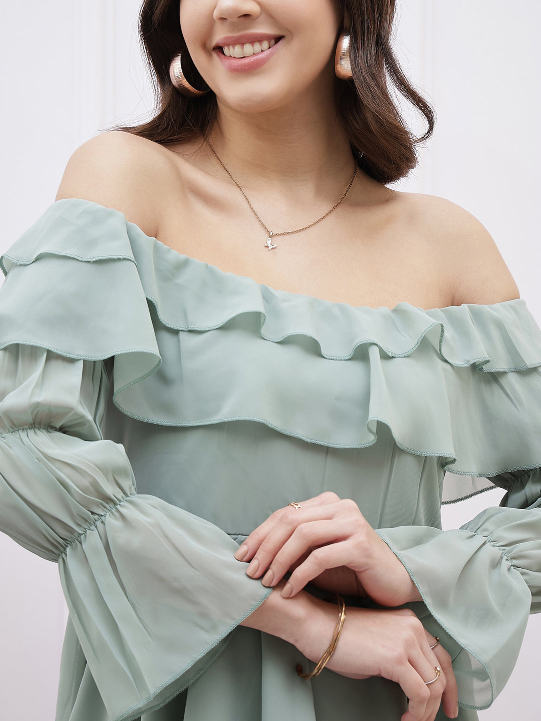 Athena Green Off-Shoulder Puff Sleeves Ruffles Detailed Fit & Flare Mini Dress