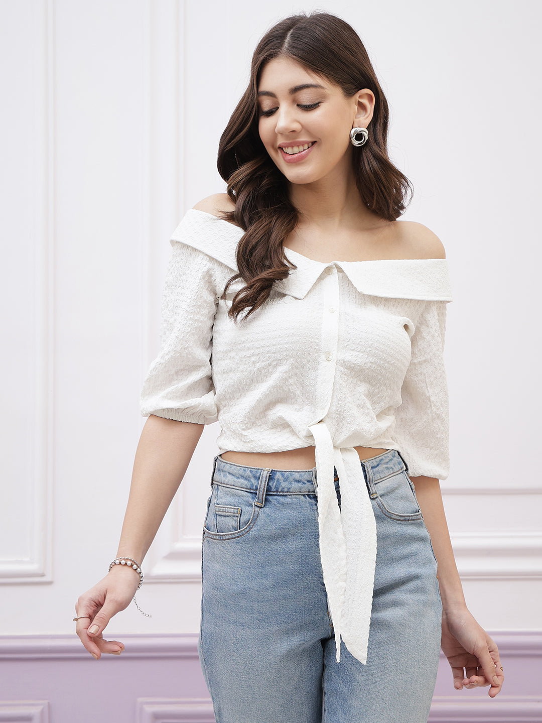 Athena Immutable Off-Shoulder Puff Sleeve Waist Tie-Ups Bardot Crop Top