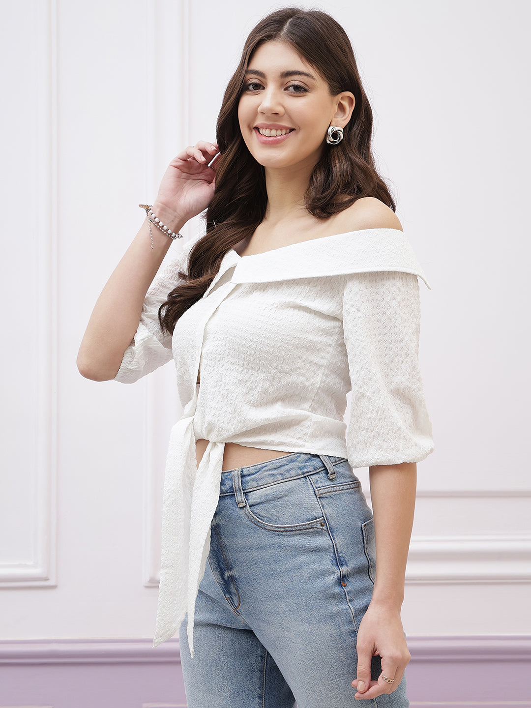 Athena Immutable Off-Shoulder Puff Sleeve Waist Tie-Ups Bardot Crop Top