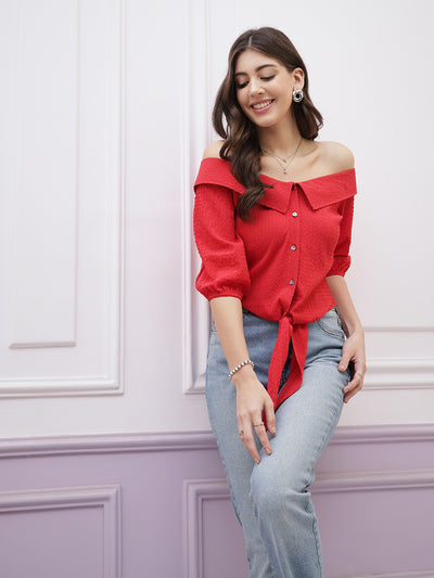 Athena Immutable Off-Shoulder Puff Sleeve Waist Tie-Ups Bardot Crop Top