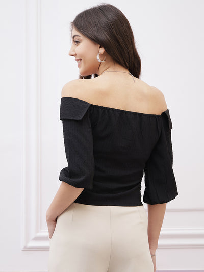 Athena Immutable Off-Shoulder Puff Sleeve Waist Tie-Ups Bardot Crop Top