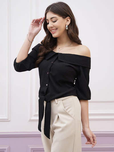 Athena Immutable Off-Shoulder Puff Sleeve Waist Tie-Ups Bardot Crop Top