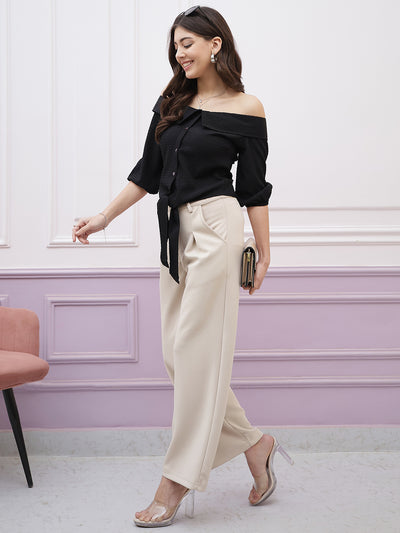 Athena Immutable Off-Shoulder Puff Sleeve Waist Tie-Ups Bardot Crop Top