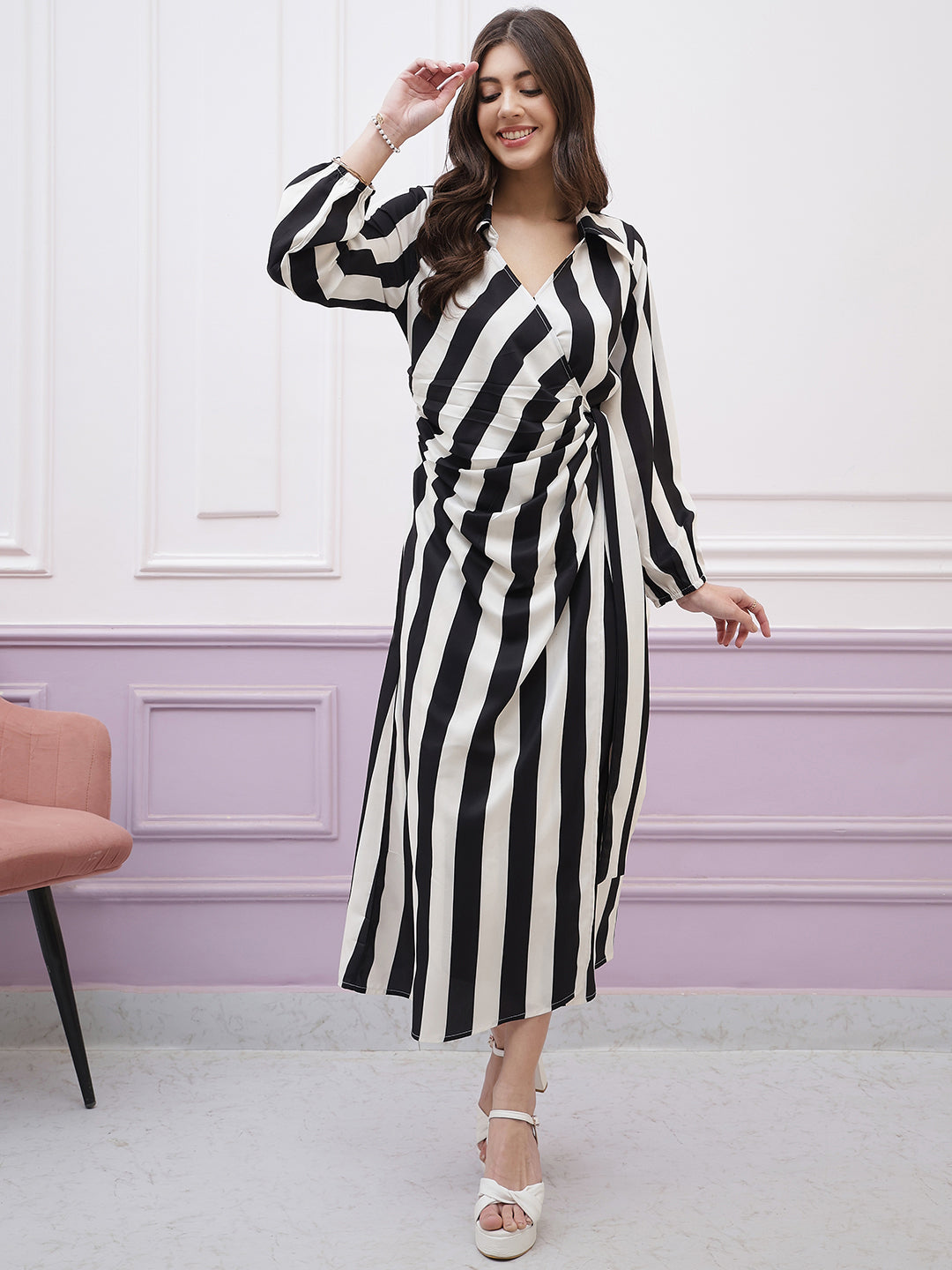 Athena Immutable Striped Shirt Collar Long Sleeves Tie-Ups Wrap Midi Dress