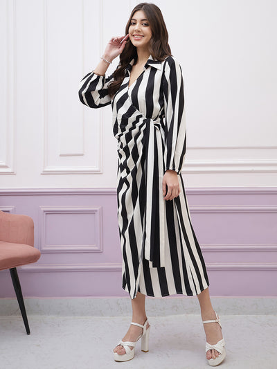 Athena Immutable Striped Shirt Collar Long Sleeves Tie-Ups Wrap Midi Dress