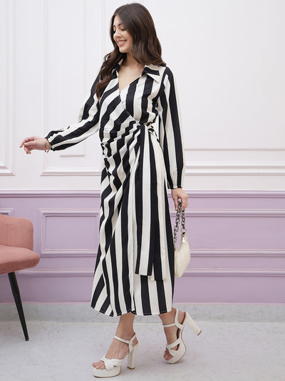 Athena Immutable Striped Shirt Collar Long Sleeves Tie-Ups Wrap Midi Dress