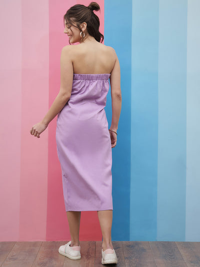 Athena Lavender Strapless Tie-Up Detailed Denim A-Line Midi Dress