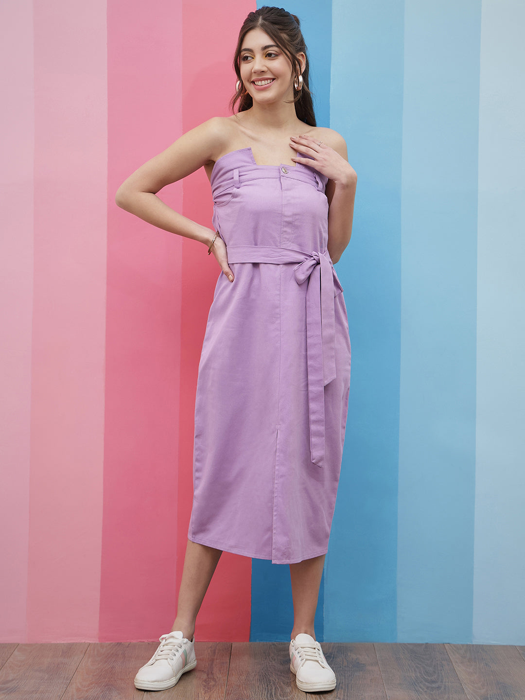 Athena Lavender Strapless Tie-Up Detailed Denim A-Line Midi Dress