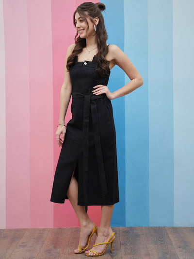 Athena Black Strapless Tie-Up Detailed Denim A-Line Midi Dress