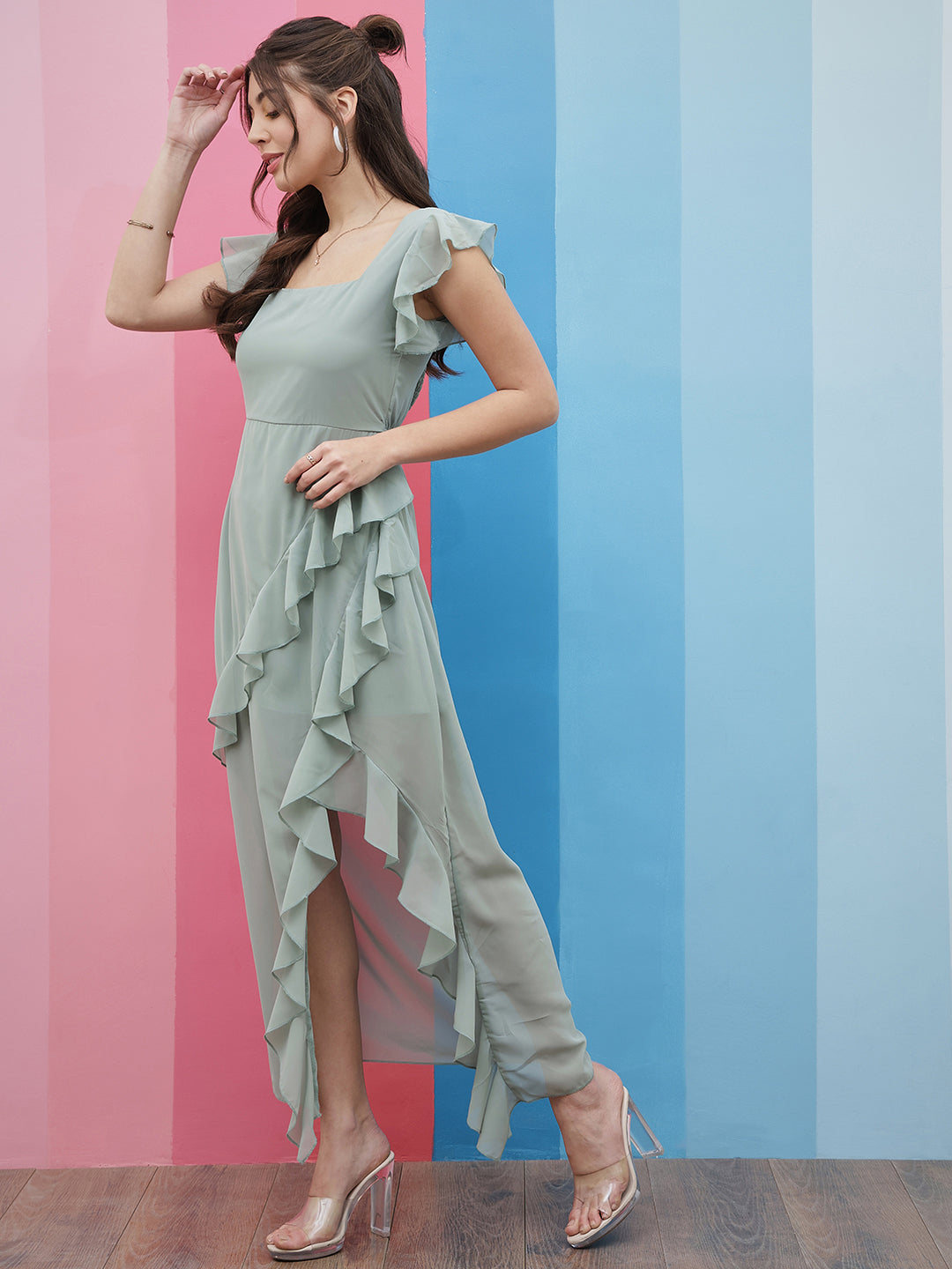 Athena Green Square Neck Flutter Sleeves Ruffles Detailed Maxi Dress