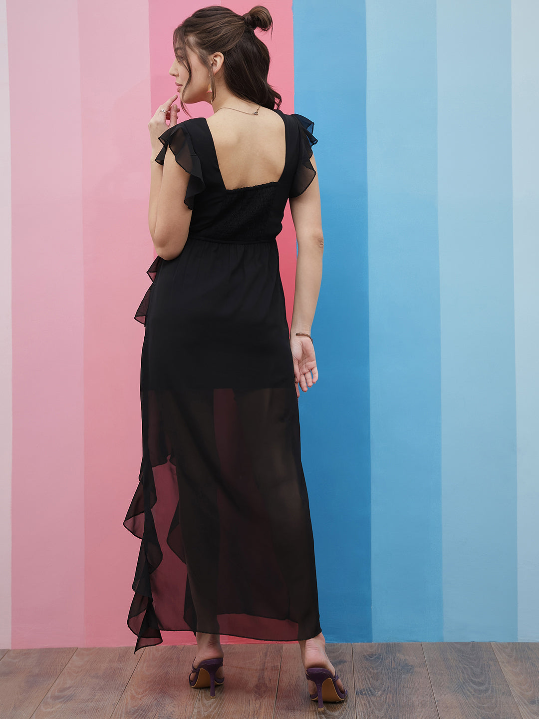 Athena Black Square Neck Flutter Sleeves Ruffled Detailed Maxi Dress