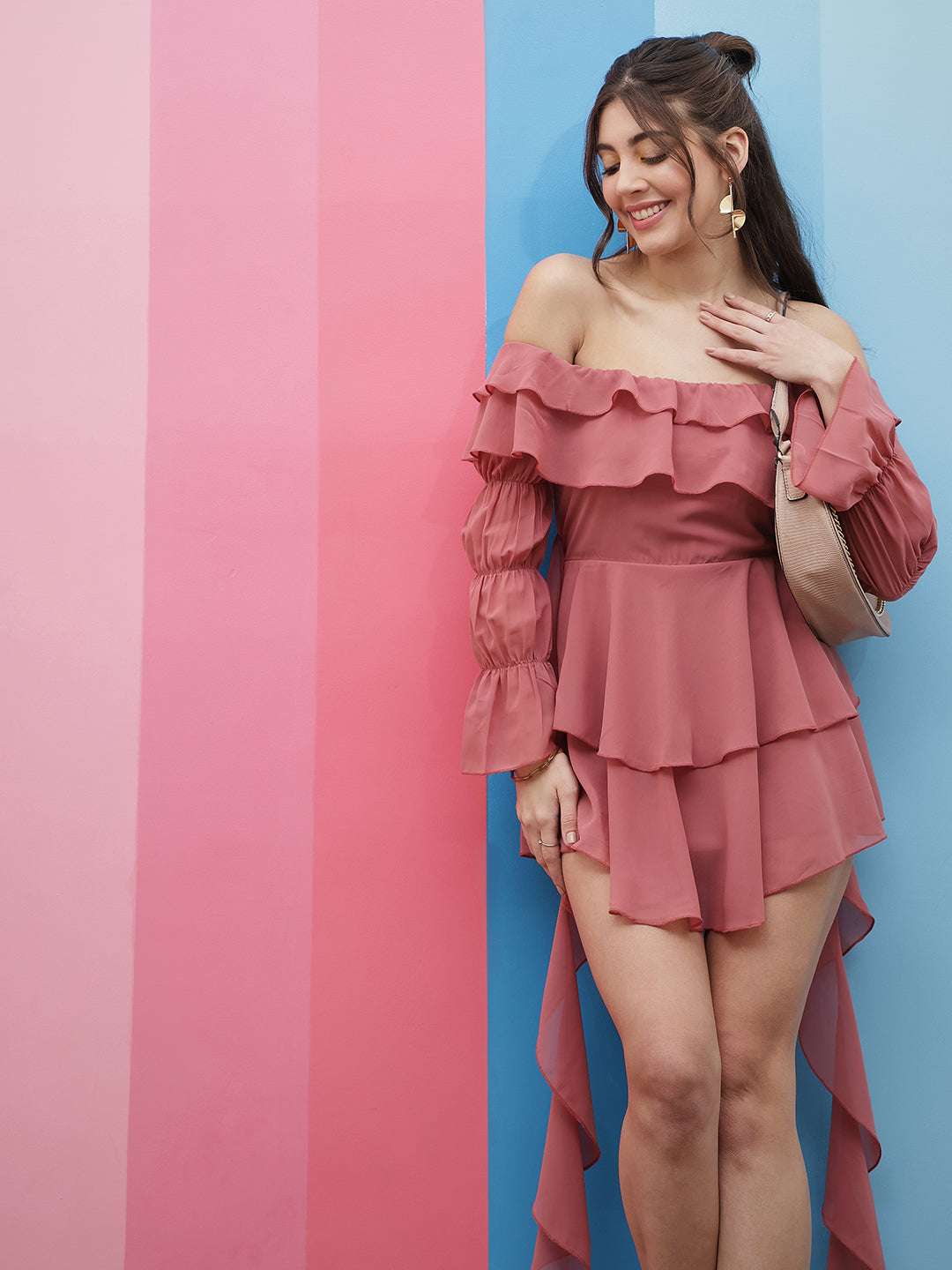 Athena Pink Off-Shoulder Puff Sleeves Ruffles Detailed Fit & Flare Mini Dress