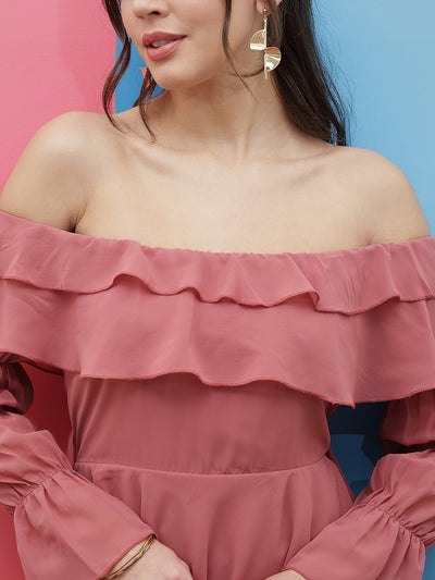 Athena Pink Off-Shoulder Puff Sleeves Ruffles Detailed Fit & Flare Mini Dress