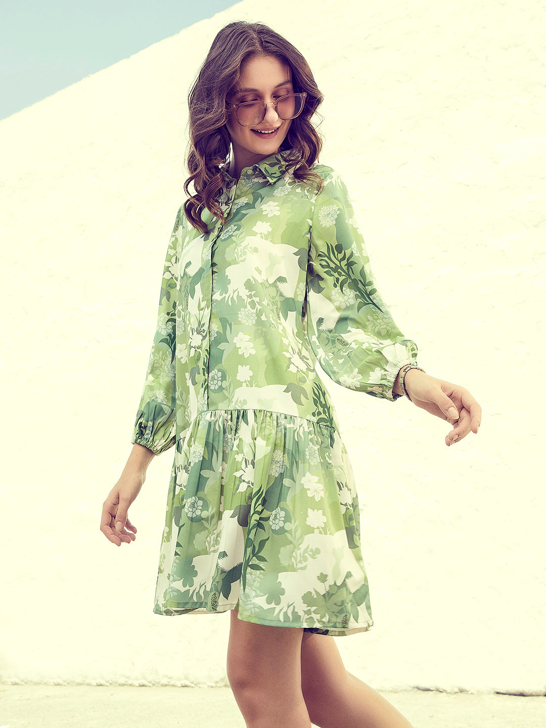 Athena Green Floral Printed Shirt Collar Drop-Waist Dress - Athena Lifestyle