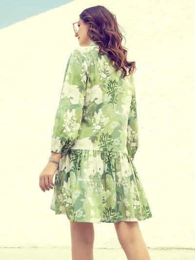 Athena Green Floral Printed Shirt Collar Drop-Waist Dress - Athena Lifestyle