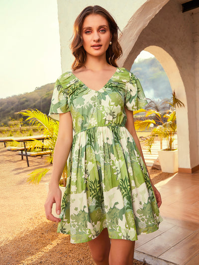Athena Green Floral Printed V-Neck Fit & Flare Mini Dress - Athena Lifestyle
