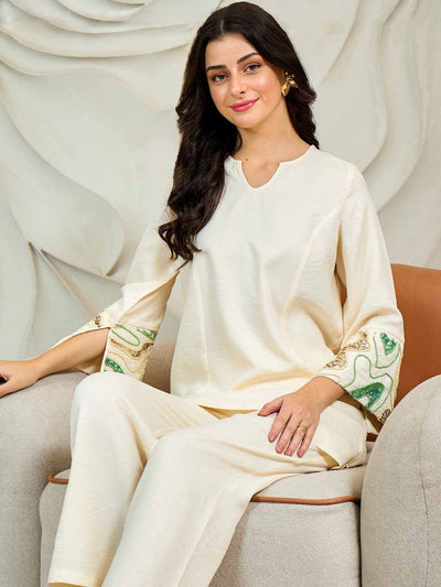Athena Beads And Stones V-Neck Linen Kurta With Trousers