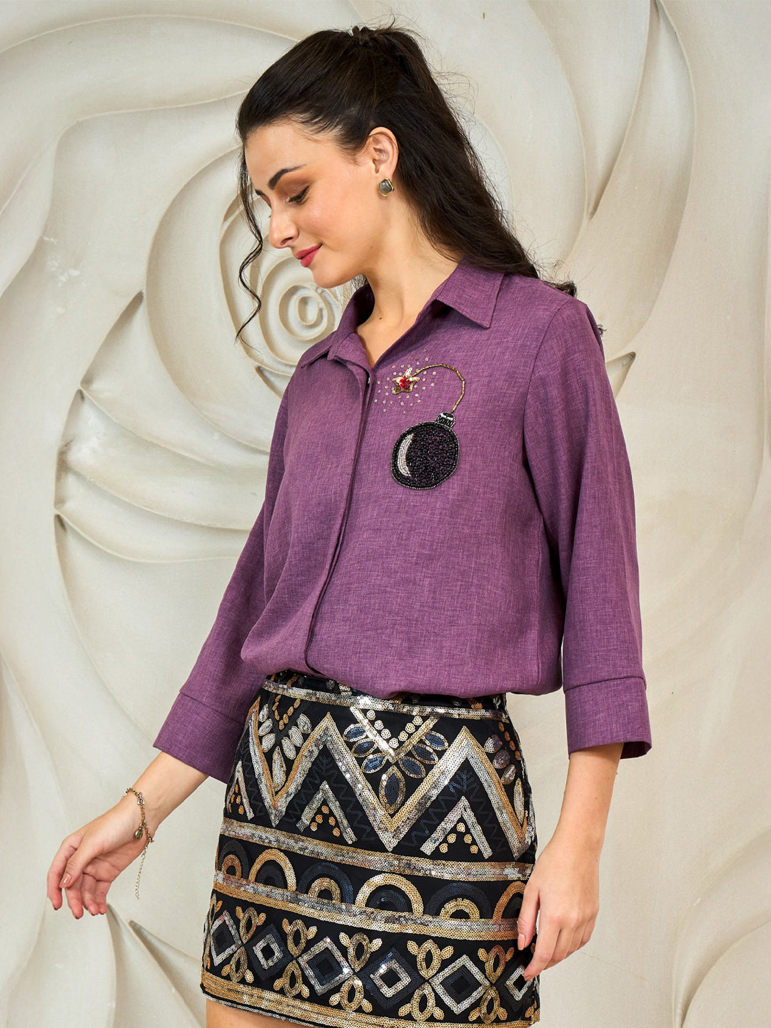 Shally Bhasin by Athena Bombed Embroidered Relaxed Fit Linen Shirt