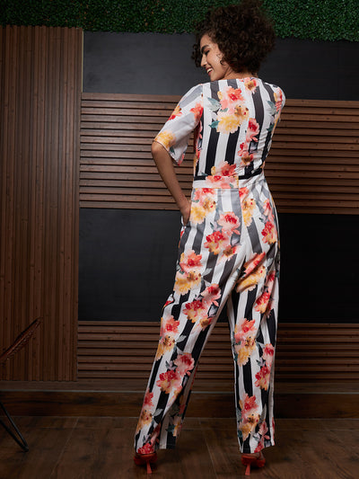 Athena Black & Yellow Floral Printed Basic Jumpsuit With Waist Tie-Ups
