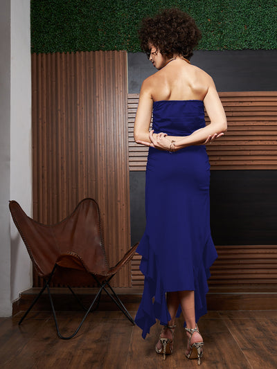Athena Blue Ruffled Strapless Asymmetric Hem Maxi Dress