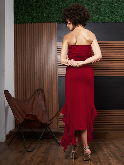 Athena Red Ruffled Strapless Asymmetric Hem Maxi Dress