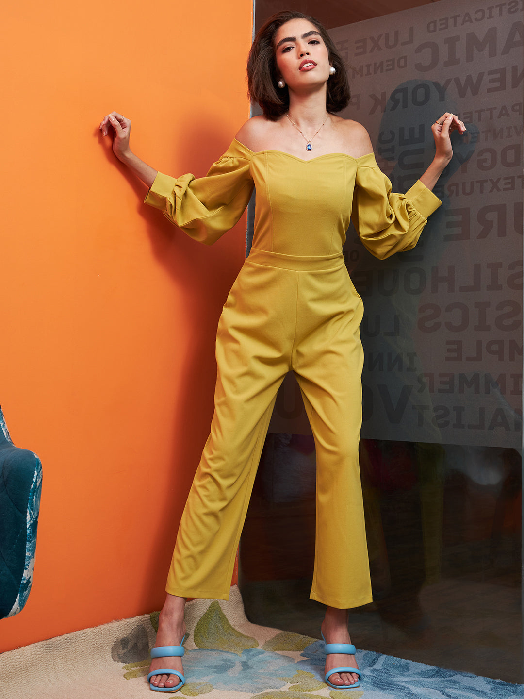 Athena Yellow Off-Shoulder Basic Jumpsuit