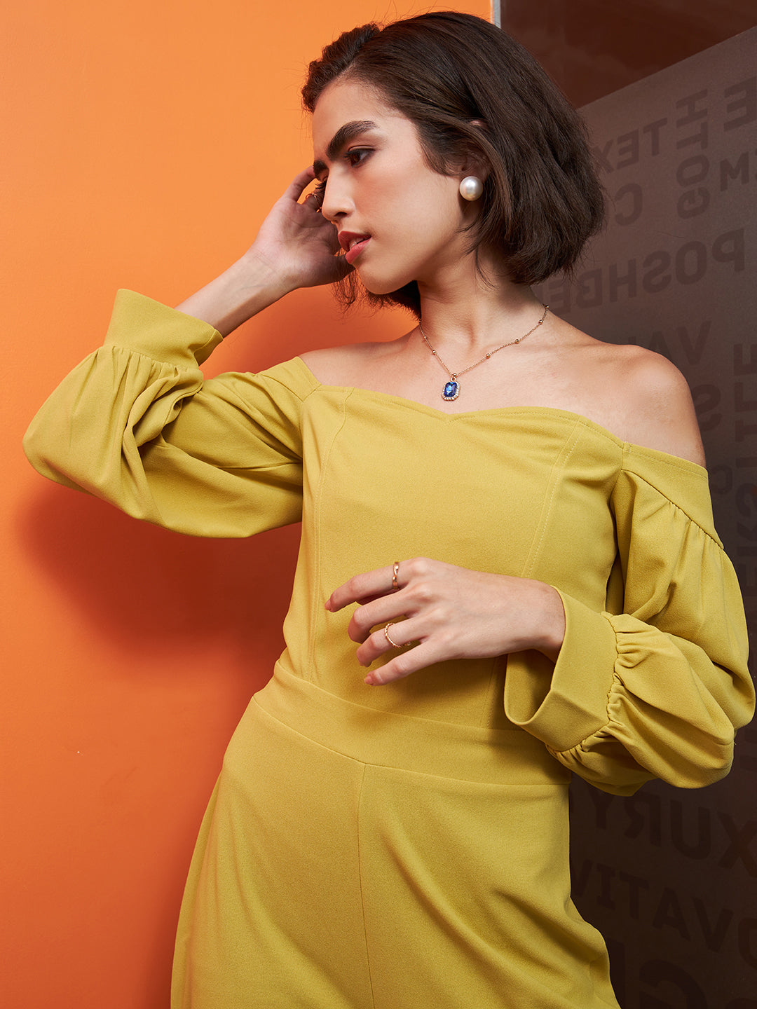 Athena Yellow Off-Shoulder Basic Jumpsuit