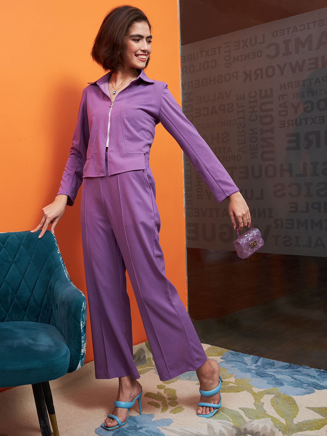 Athena Lavender Long Sleeves Shirt With Trousers Co-Ords