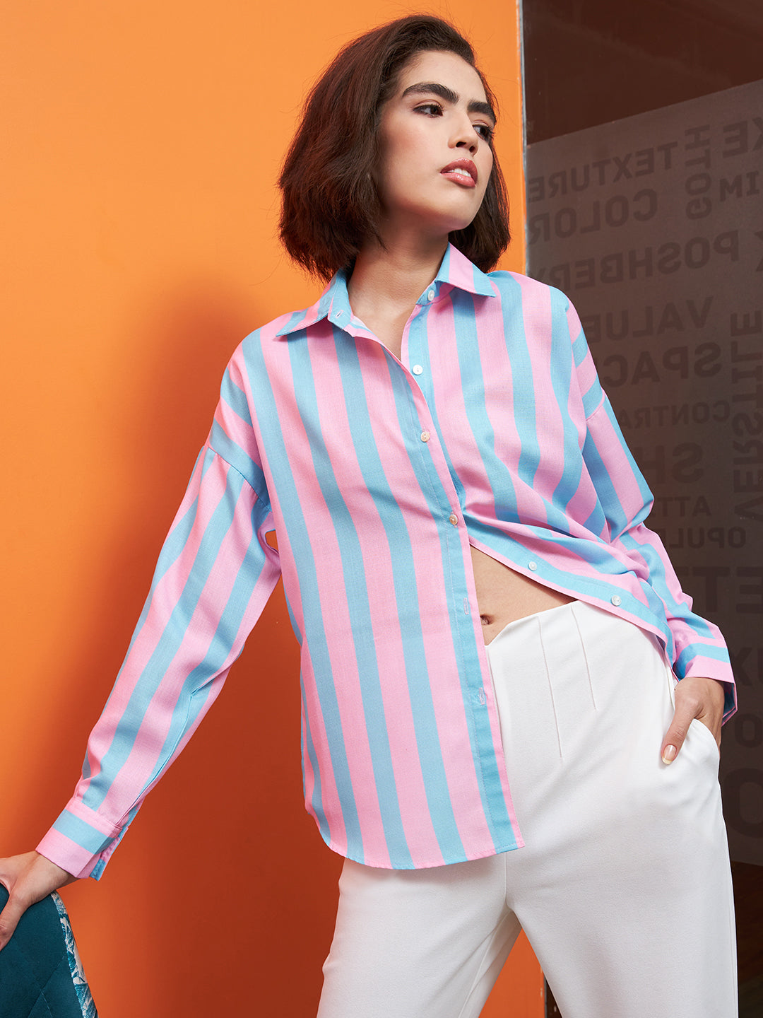Athena Pink & Blue Striped Linen Shirt Style Top