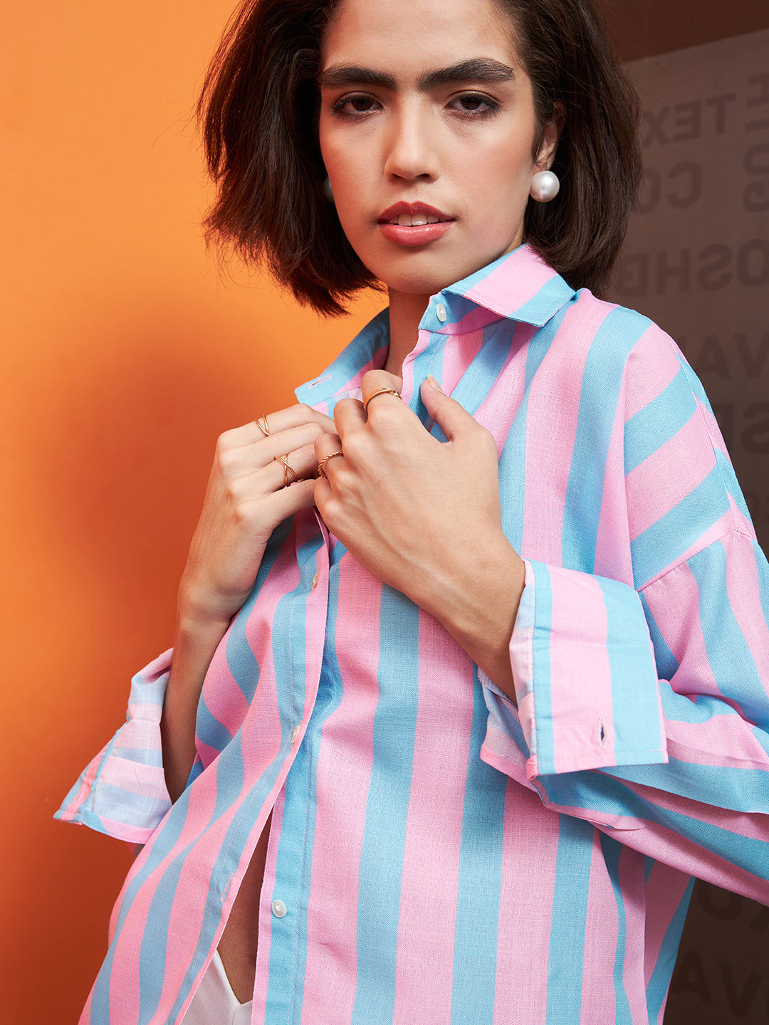 Athena Pink & Blue Striped Linen Shirt Style Top